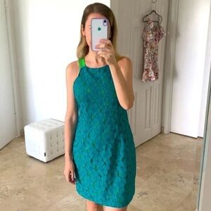 Vibrant Blue and Green Halter Midi Dress for Cocktail Events